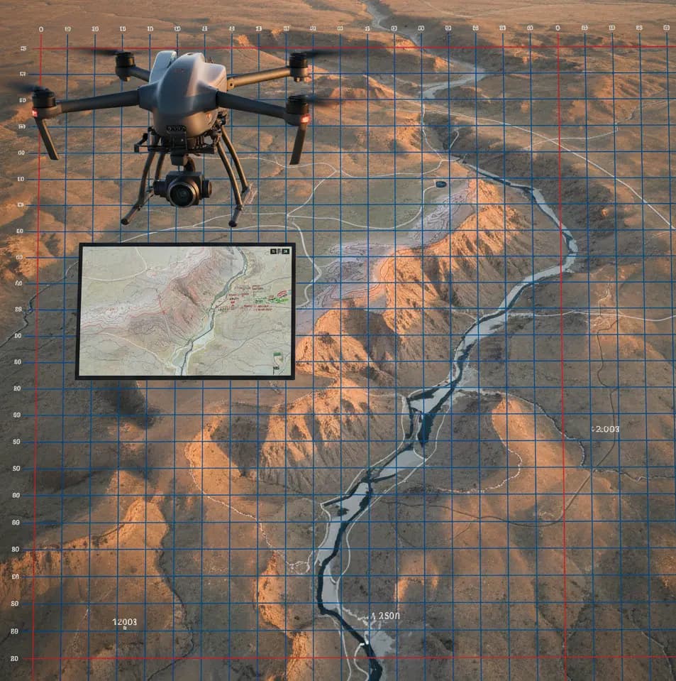Survey drone over canyon terrain with a mapping grid and topographic overlay.