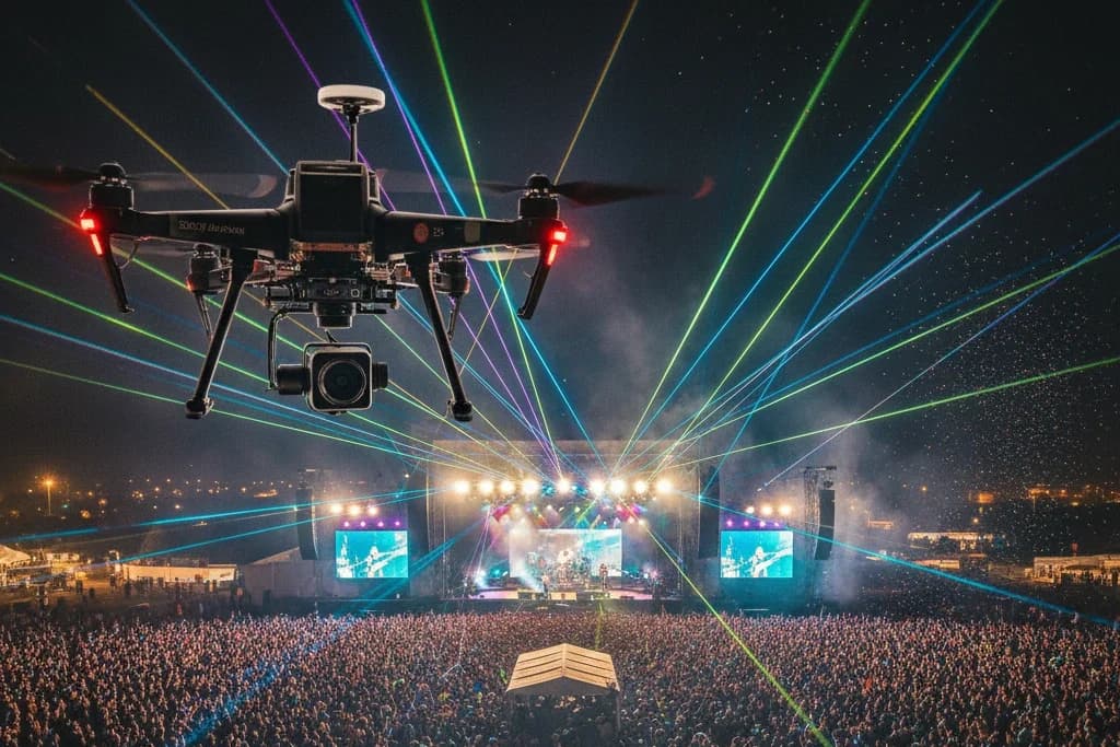 A drone filming above a packed open-air concert lit by stage lasers.