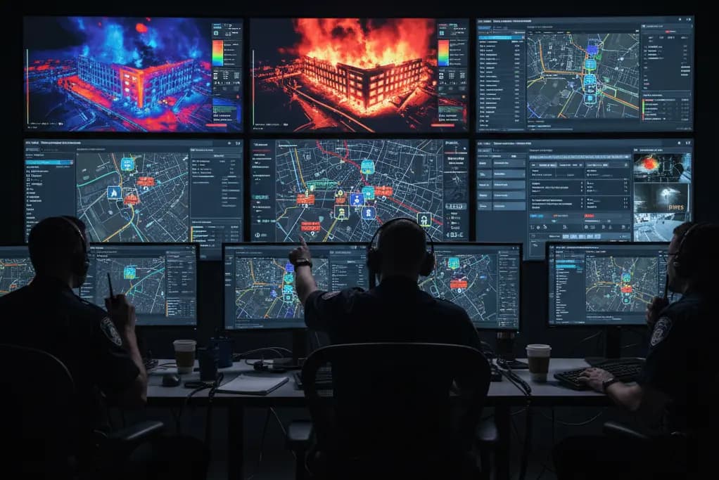 An emergency operations center monitoring live drone and thermal feeds.