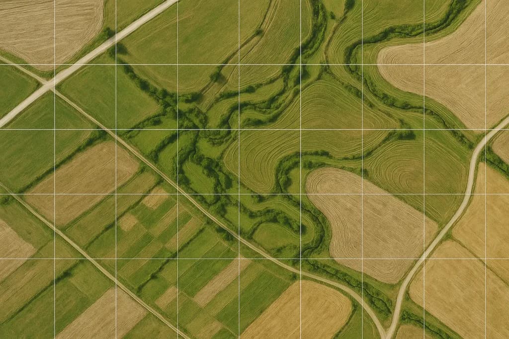 Orthomosaic map of farmland overlaid with a measurement grid.