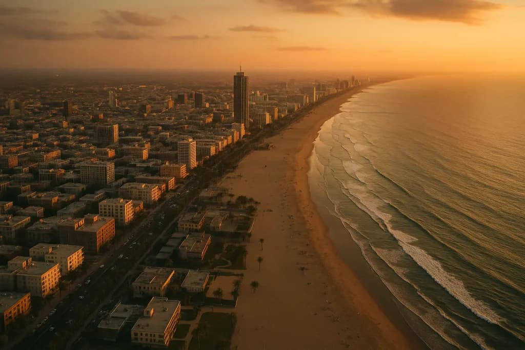 Golden-hour aerial of a coastal city skyline meeting the beach and ocean.