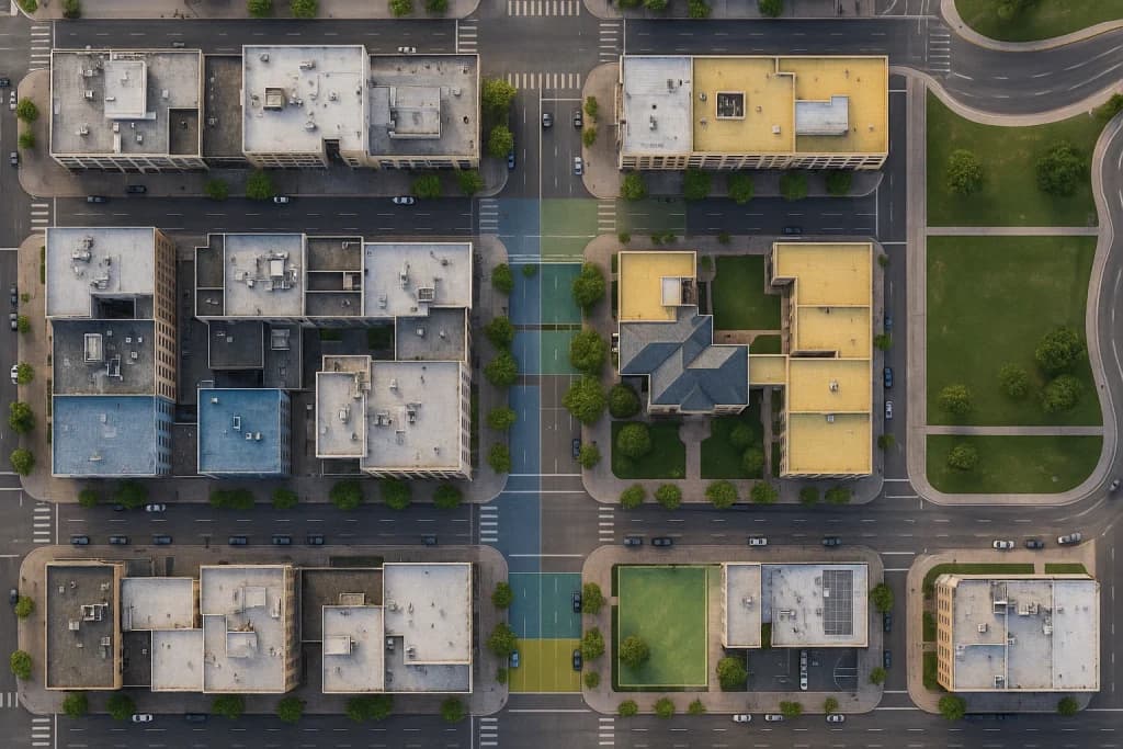 Top-down orthomosaic of a city block with streets, rooftops, and a park.