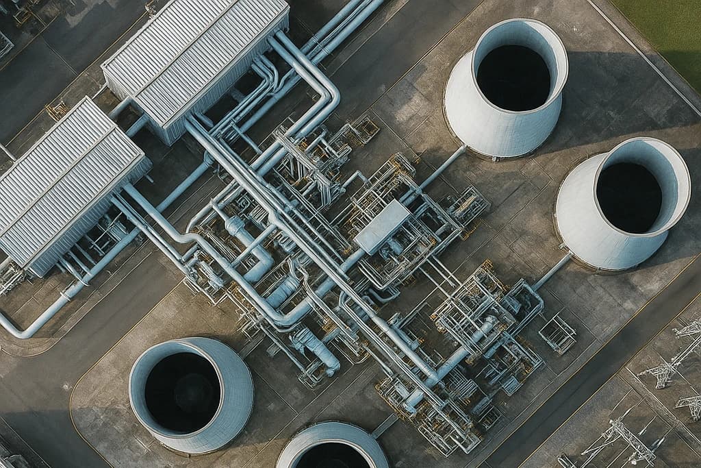 Top-down aerial of an industrial processing facility with tanks and pipework.