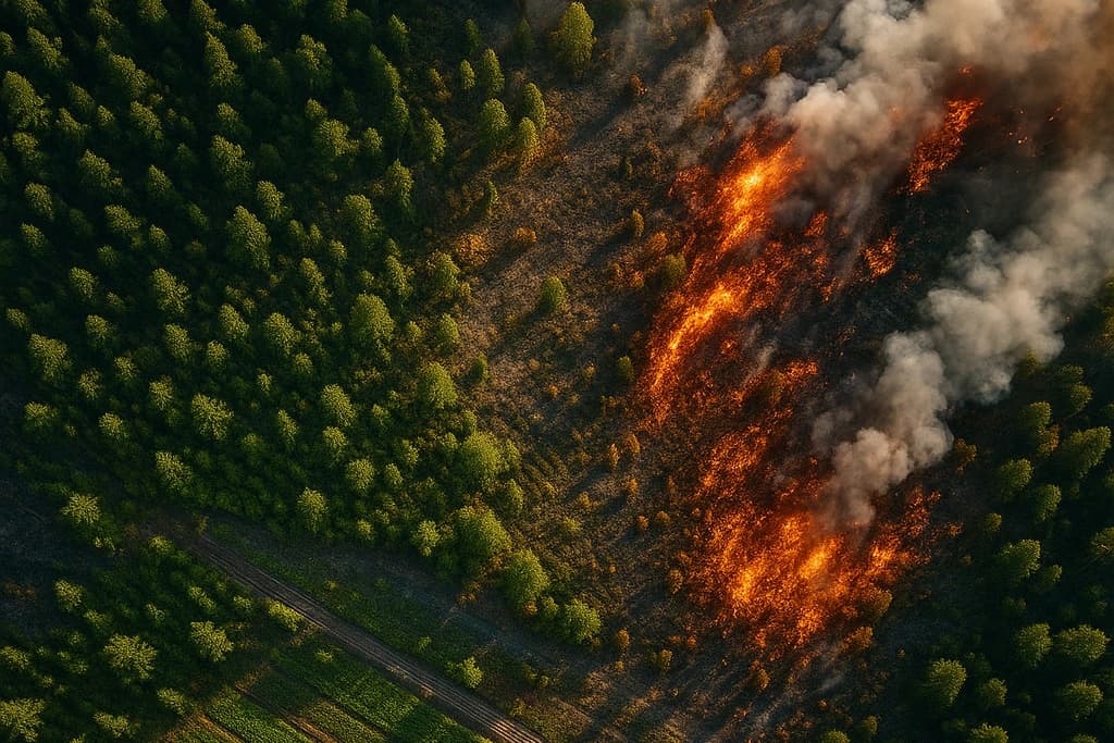 Aerial view of a wildfire burning through a stretch of forest.