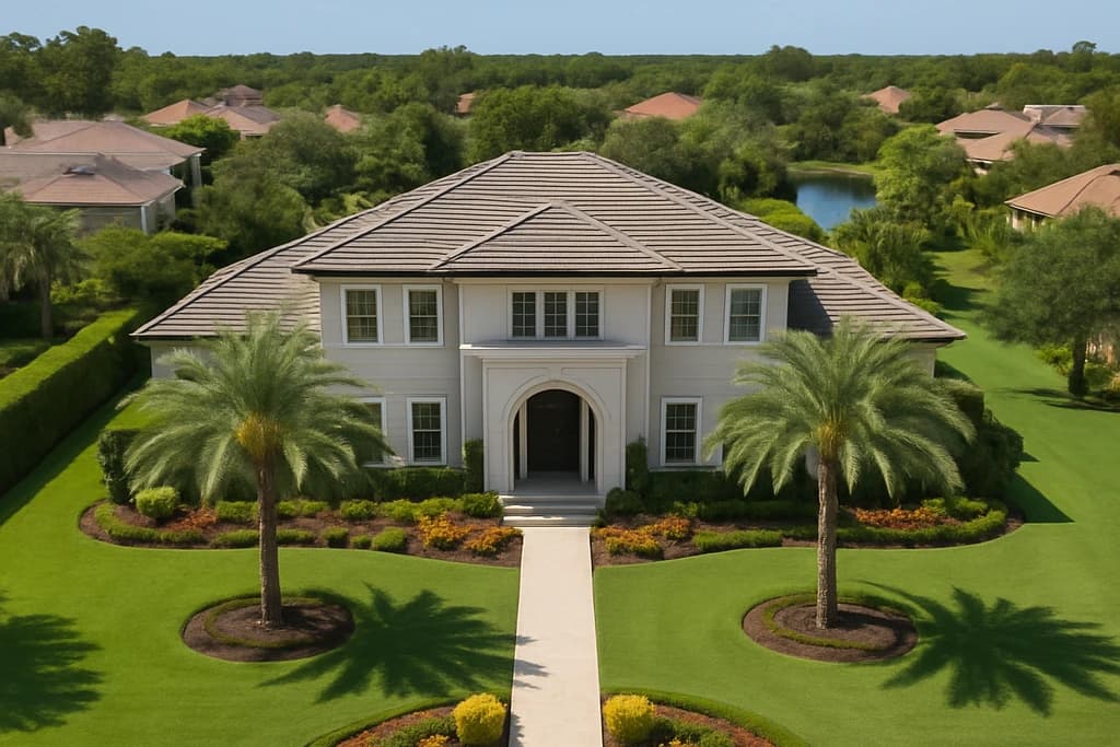 Aerial view of a luxury estate framed by palm trees and manicured grounds.