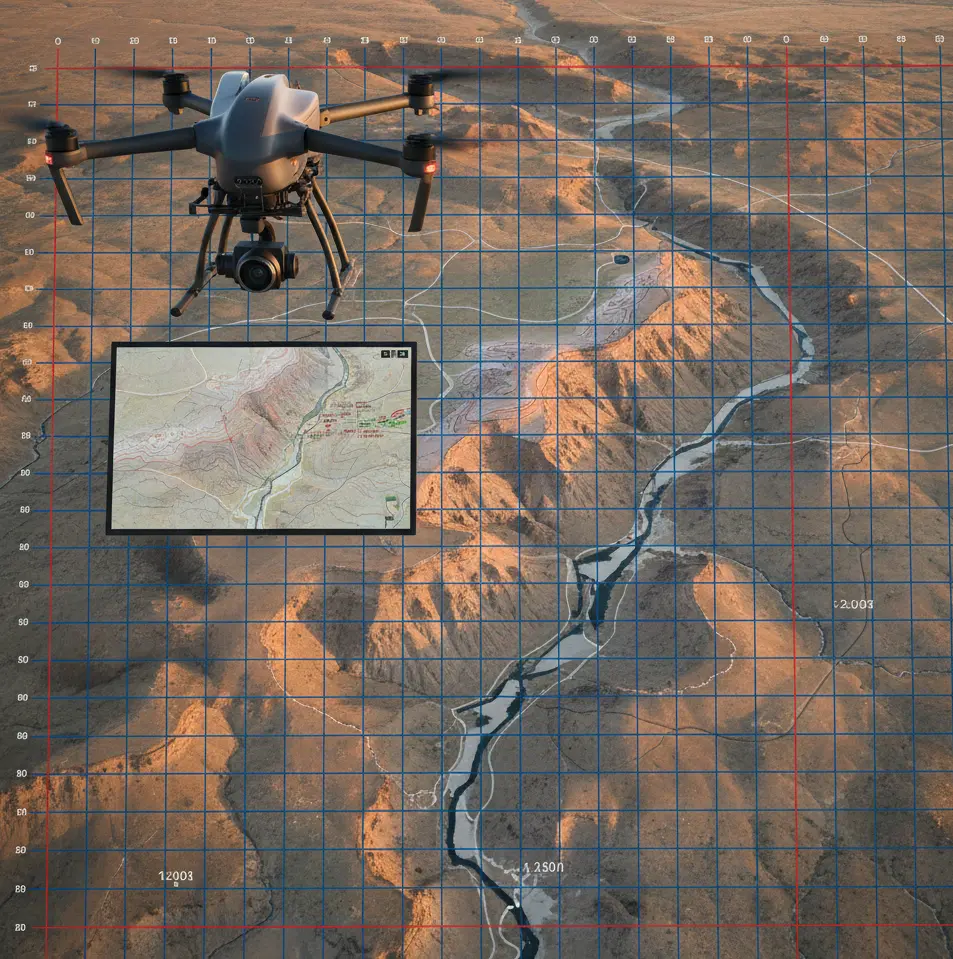 Survey drone over canyon terrain with a mapping grid and topographic overlay.
