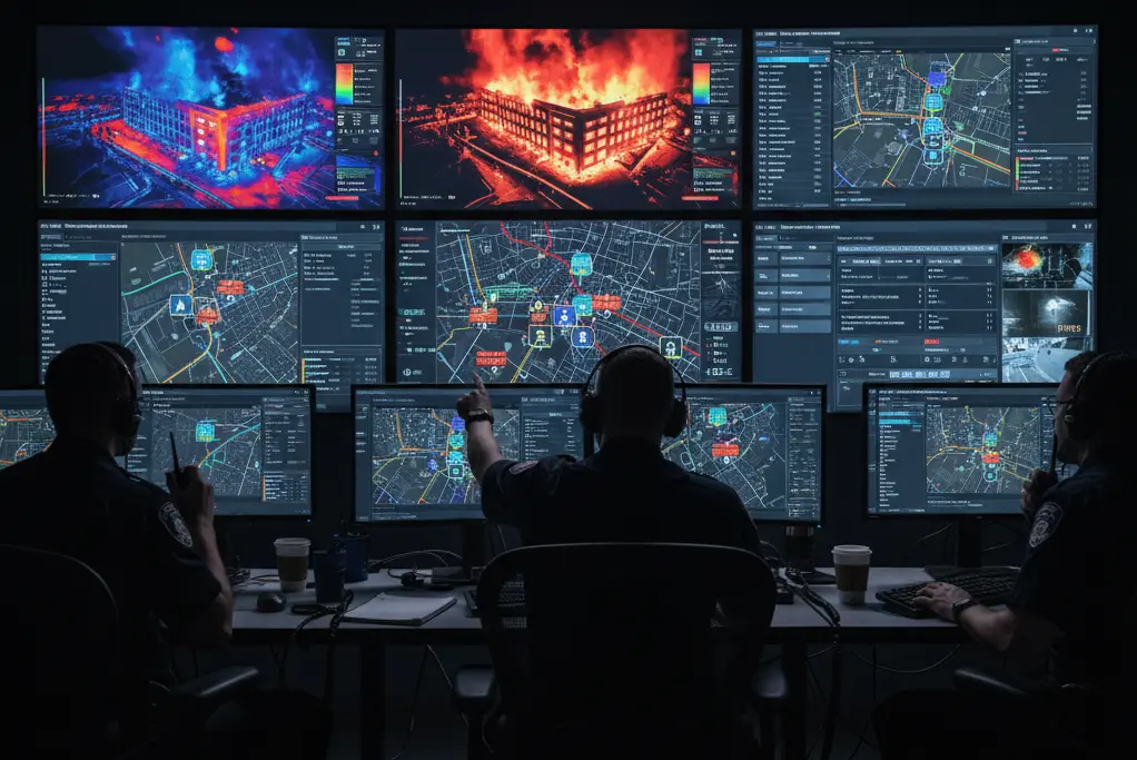 An emergency operations center monitoring live drone and thermal feeds.