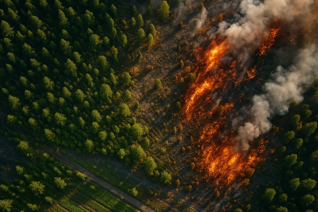 Aerial view of a wildfire burning through a stretch of forest.