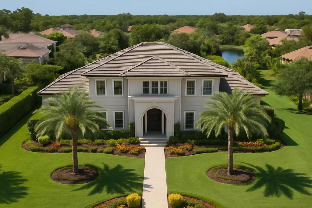 Aerial view of a luxury estate framed by palm trees and manicured grounds.